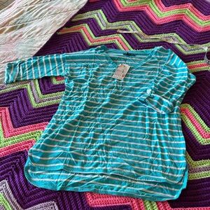 Nautica Turquoise & White V-Neck Stripe Tee - NWT